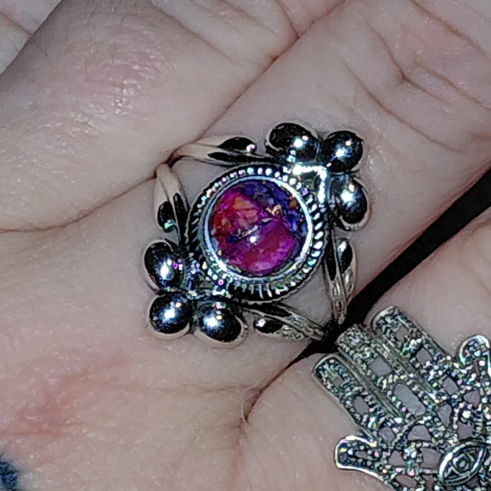 Pink Dahlia Turquoise Vintage Style Sterling Silver Ring Size 9.5